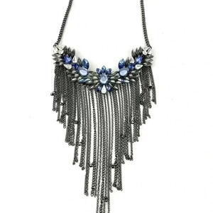 Gray Metal Rhinestone Chain Statement Necklace 13" Blue Clear Retro Boho Dangle
